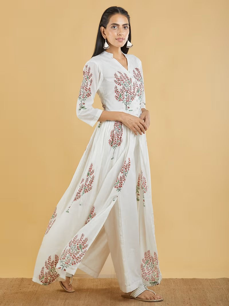 Off White Red Hand Block Printed Cotton Mulmul Kurta with Palazzo - Set of 2