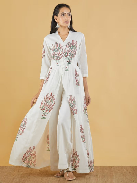 Off White Red Hand Block Printed Cotton Mulmul Kurta with Palazzo - Set of 2