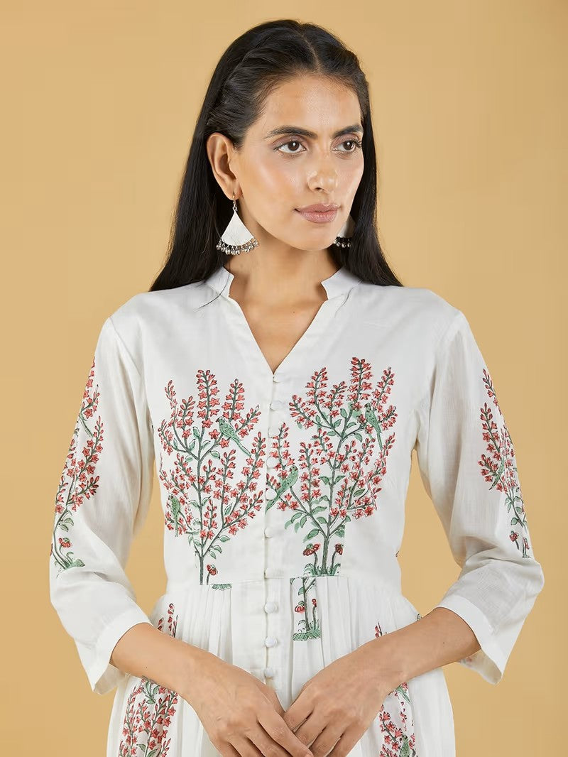 Off White Red Hand Block Printed Cotton Mulmul Kurta with Palazzo - Set of 2
