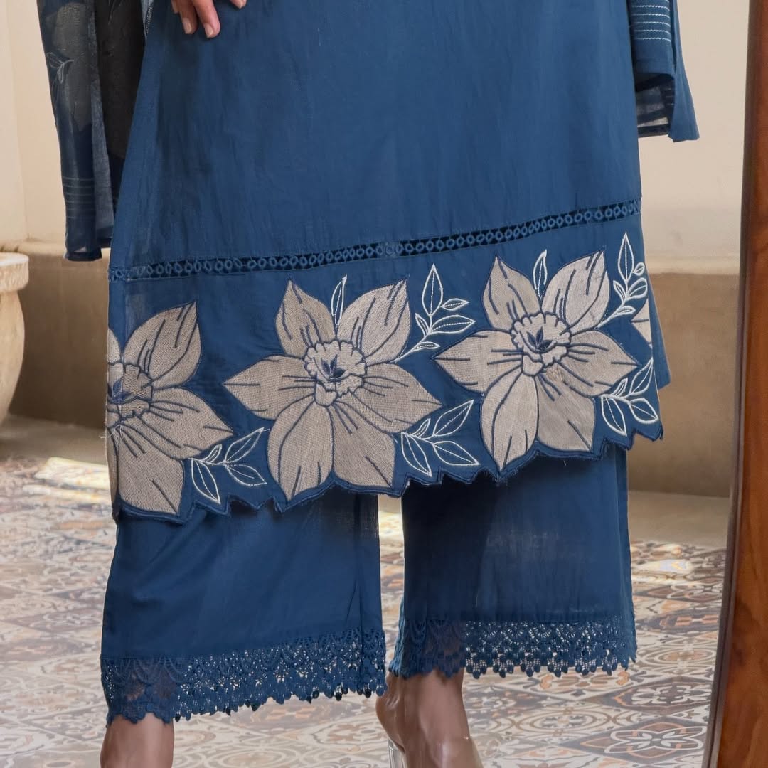 Floral Cutwork Embroidered Blue Kurta Pants with Dupatta