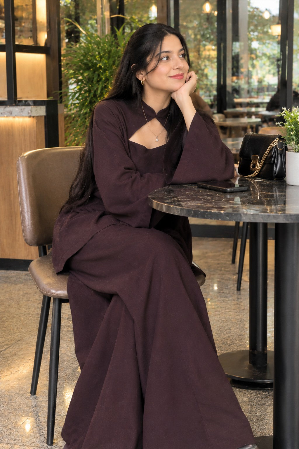 Brown Solid Co-Ord Set with Wide-Leg Trousers