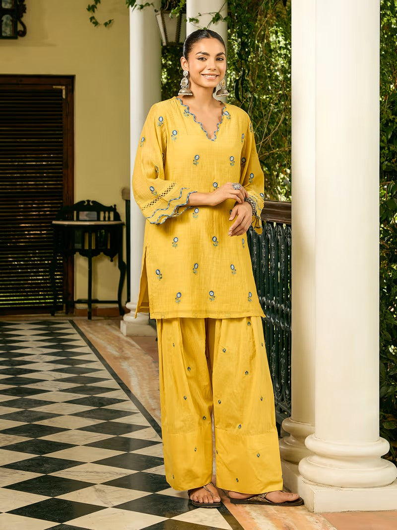 Yellow Embroidered Mul Cotton Kurta with Farshi Salwar