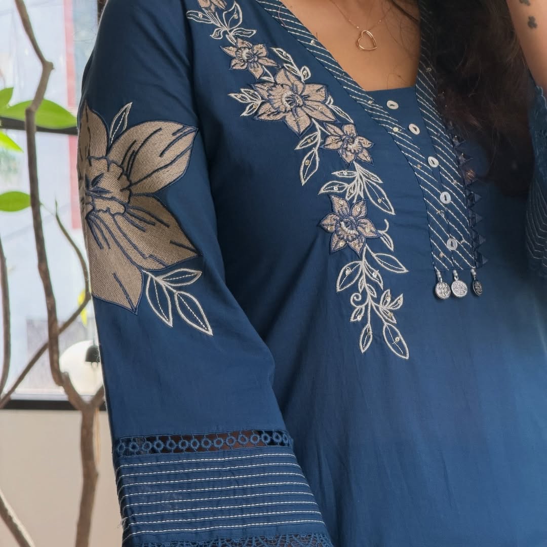 Floral Cutwork Embroidered Blue Kurta Pants with Dupatta