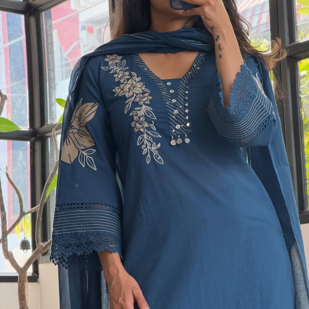 Floral Cutwork Embroidered Blue Kurta Pants with Dupatta