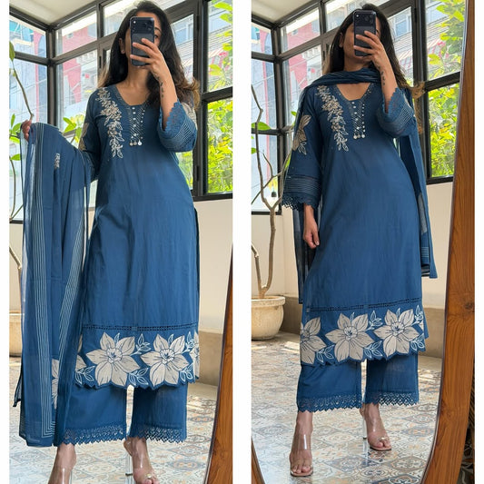 Floral Cutwork Embroidered Blue Kurta Pants with Dupatta
