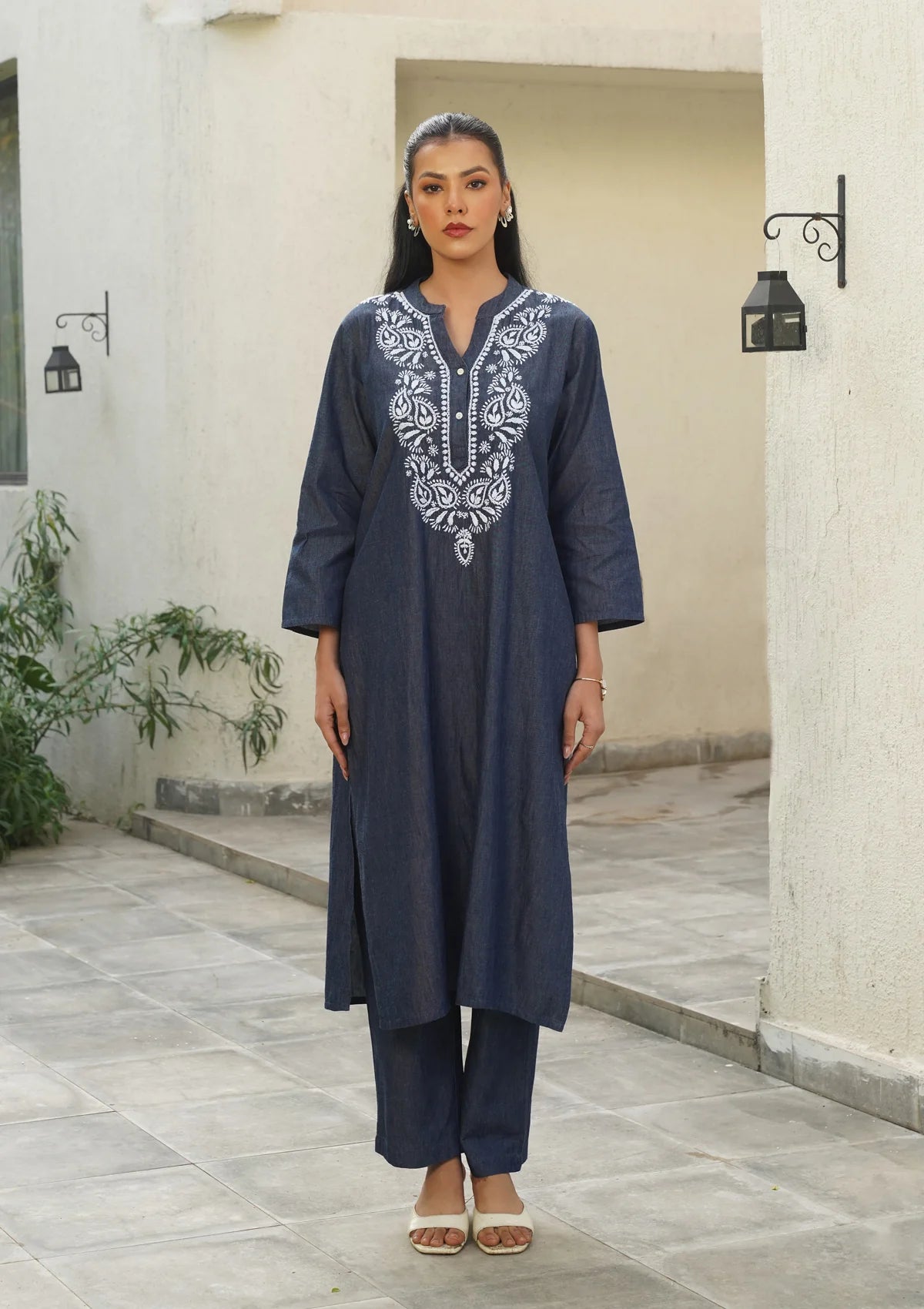Chambray Denim Embroidery Work Solid Women's Long Kurta Set - Dark Blue