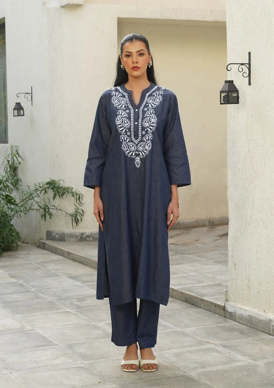 Chambray Denim Embroidery Work Solid Women's Long Kurta Set - Dark Blue