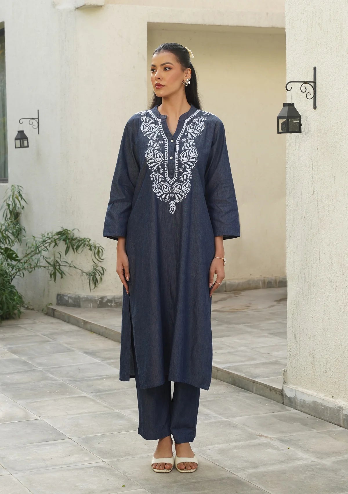 Chambray Denim Embroidery Work Solid Women's Long Kurta Set - Dark Blue