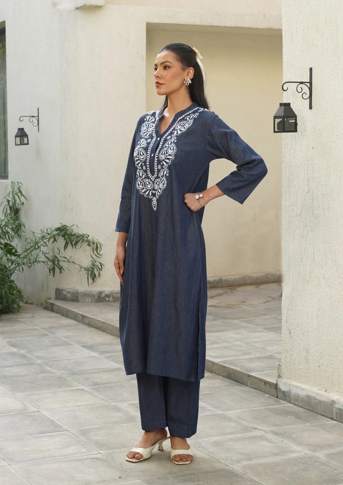 Chambray Denim Embroidery Work Solid Women's Long Kurta Set - Dark Blue