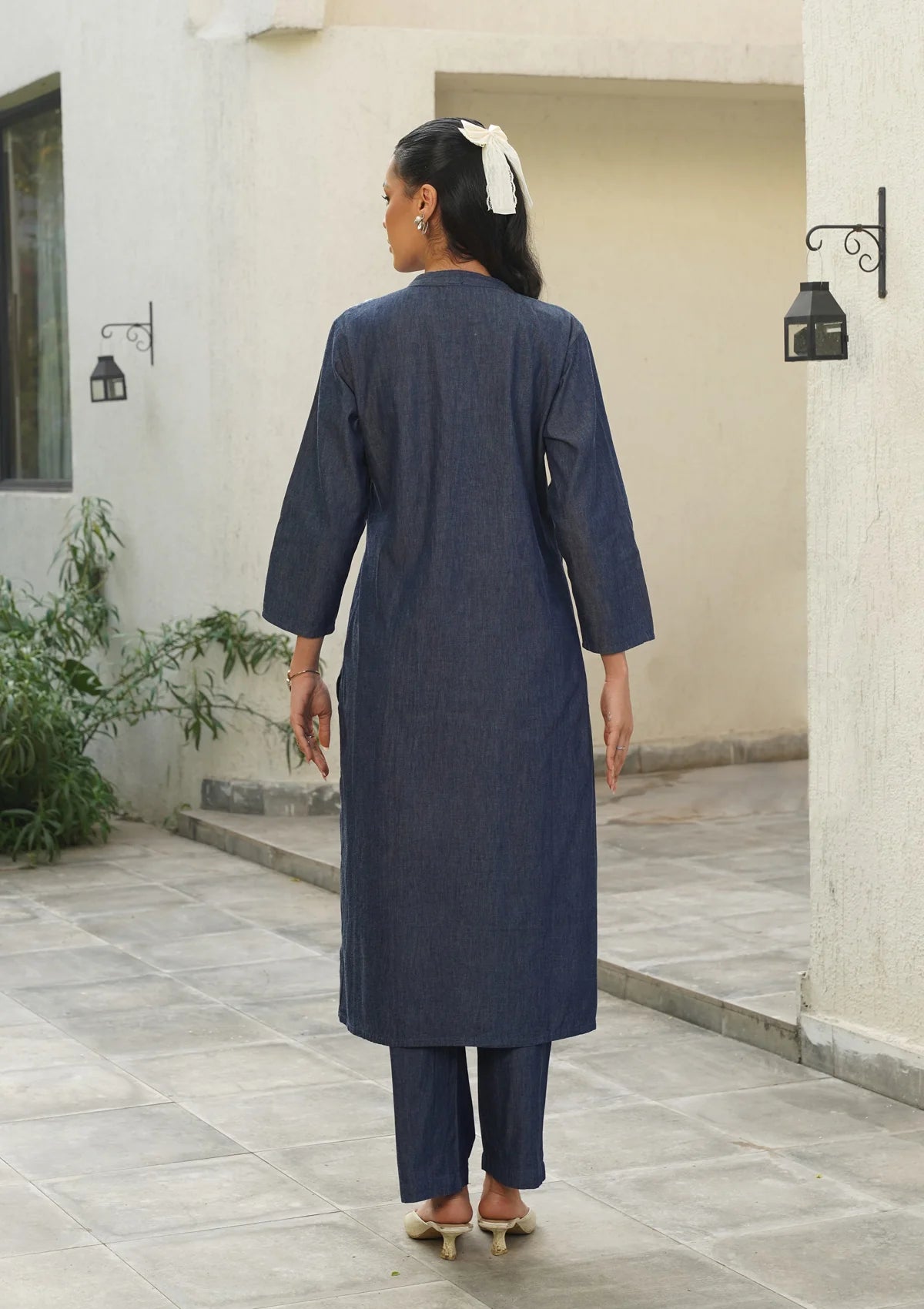Chambray Denim Embroidery Work Solid Women's Long Kurta Set - Dark Blue