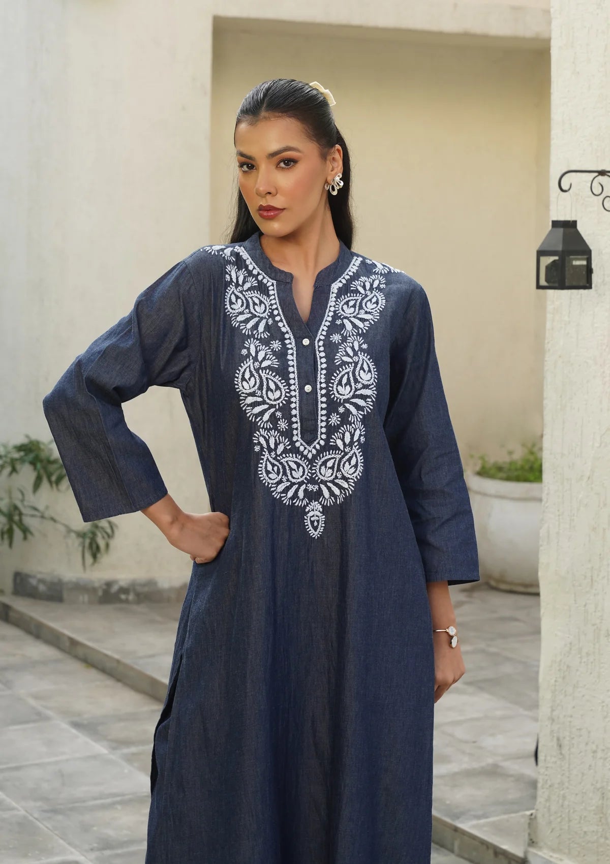 Chambray Denim Embroidery Work Solid Women's Long Kurta Set - Dark Blue