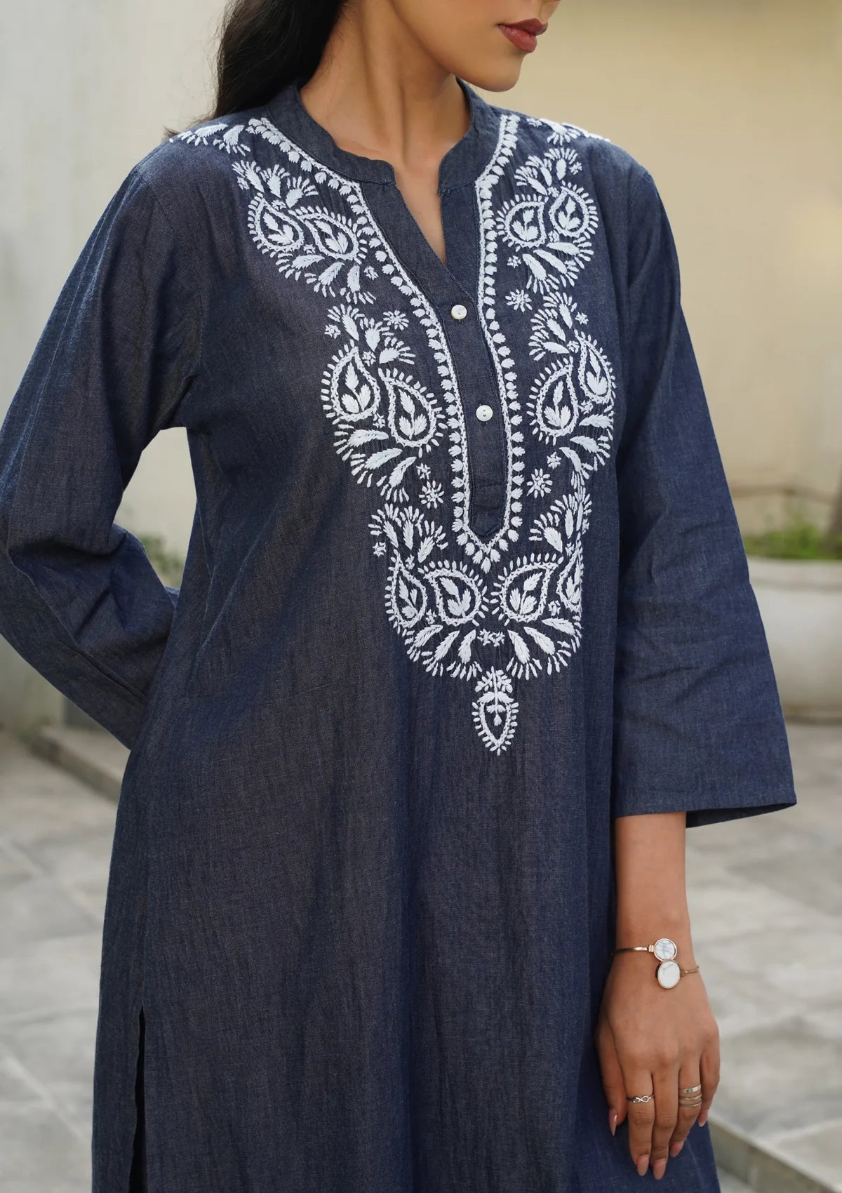 Chambray Denim Embroidery Work Solid Women's Long Kurta Set - Dark Blue