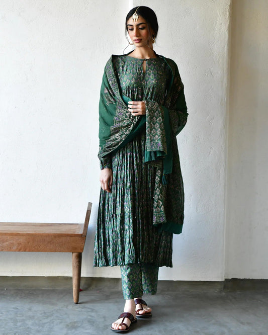 Nayaab green block printed tiered anarkali(set of 3)
