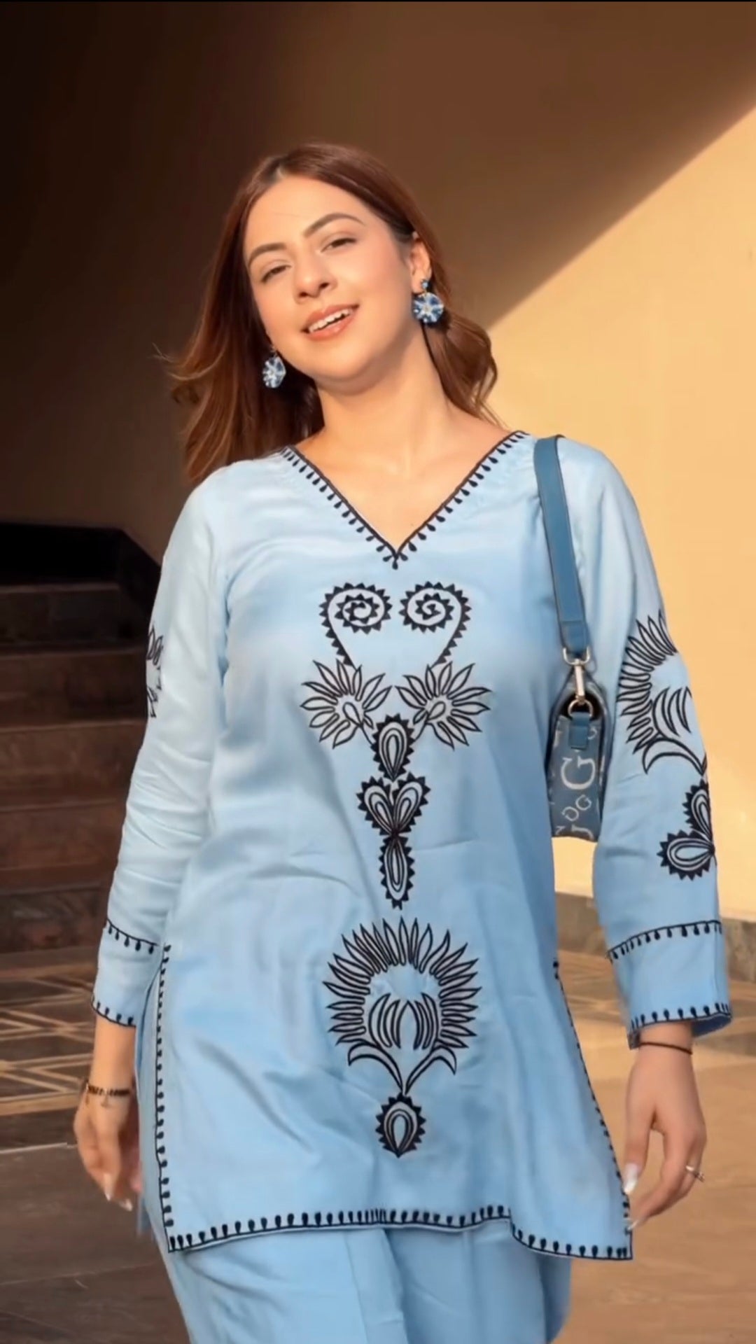 Alaya Sky Blue Cotton Boxy Short Kurta Set