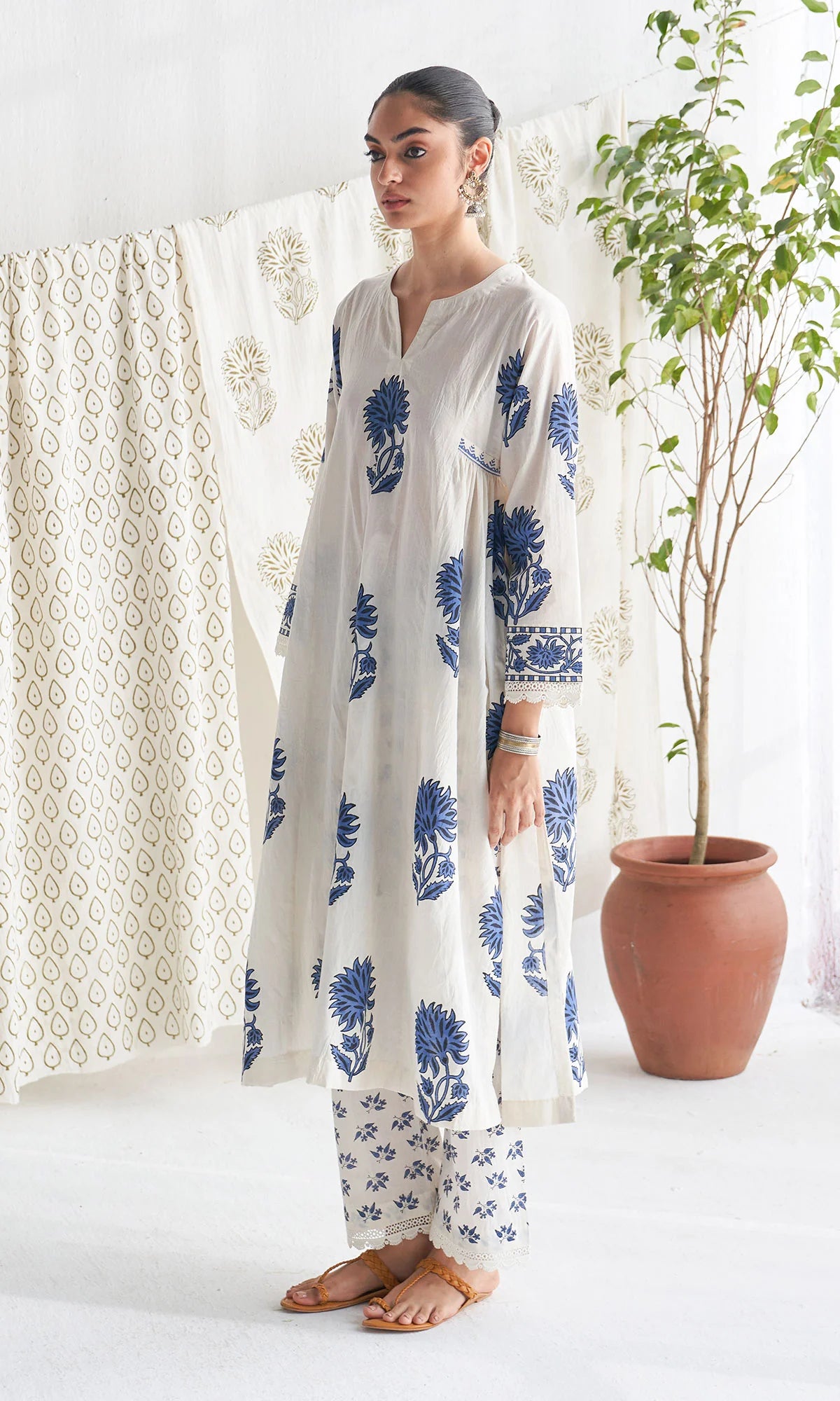 mughal blue block printed kurta with palazzo and printed dupatta ( set of 3 )