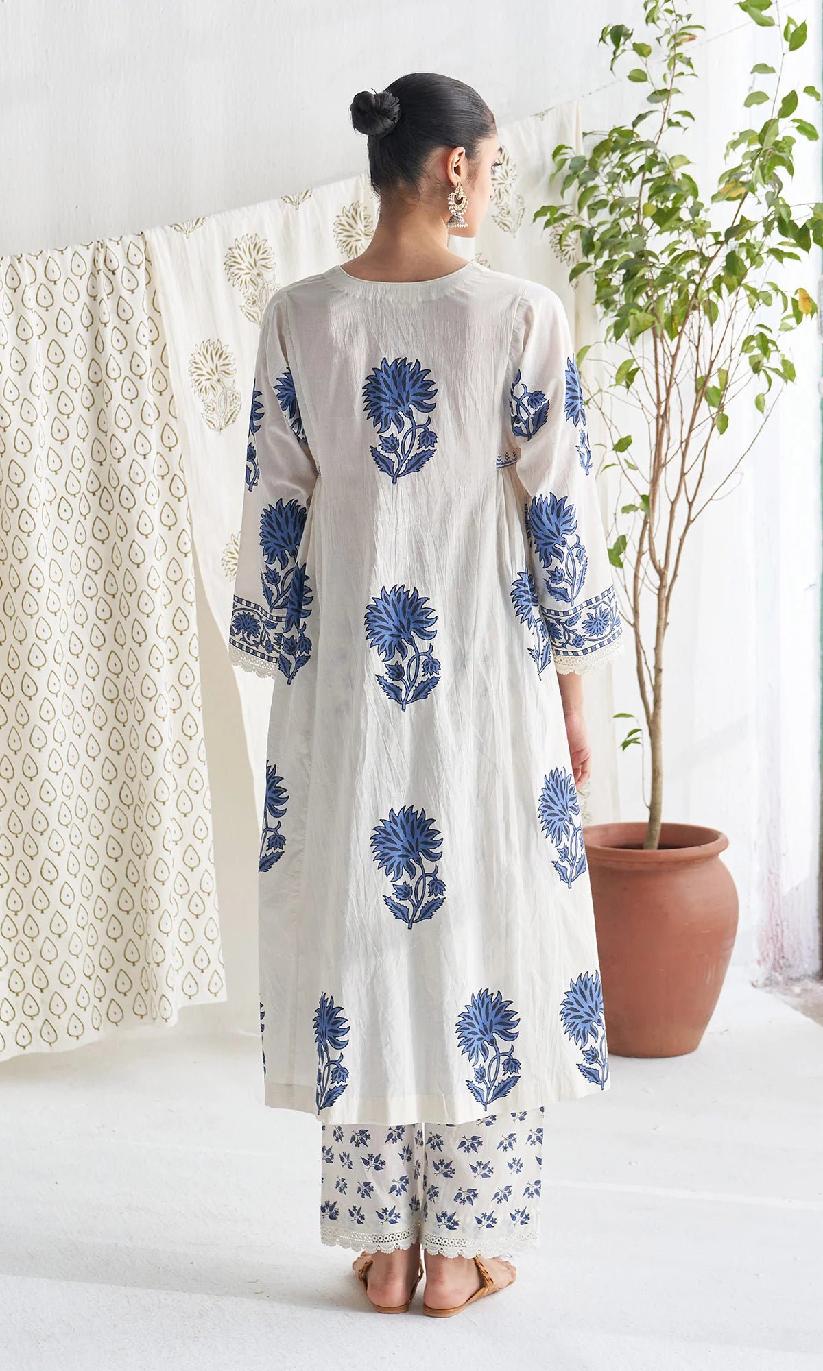 mughal blue block printed kurta with palazzo and printed dupatta ( set of 3 )