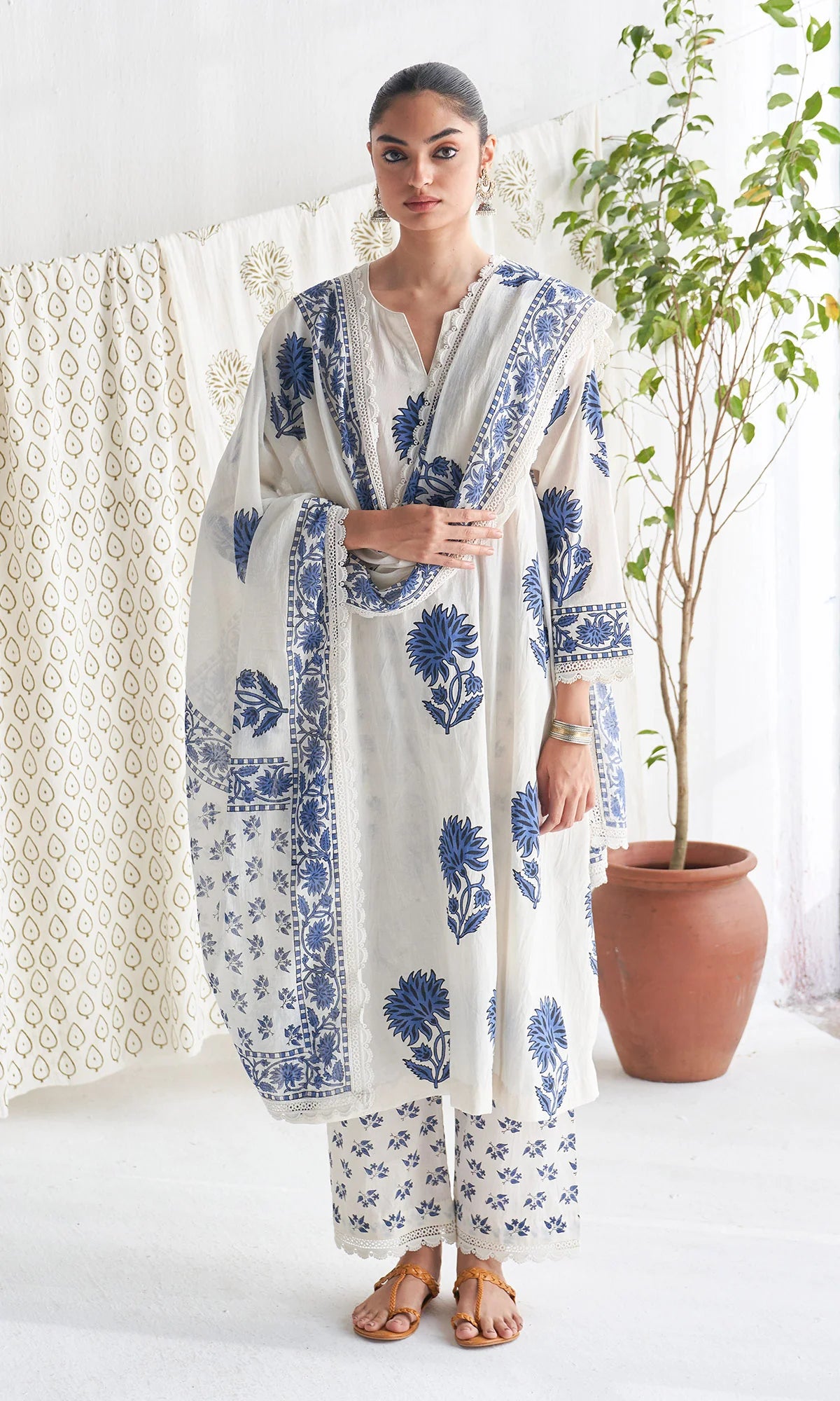 mughal blue block printed kurta with palazzo and printed dupatta ( set of 3 )