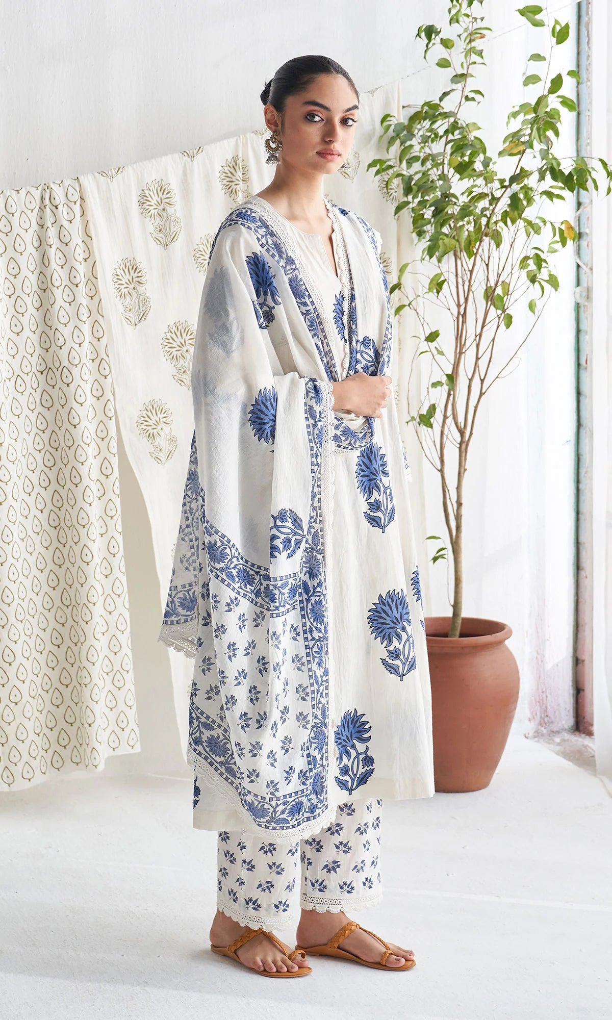 mughal blue block printed kurta with palazzo and printed dupatta ( set of 3 )