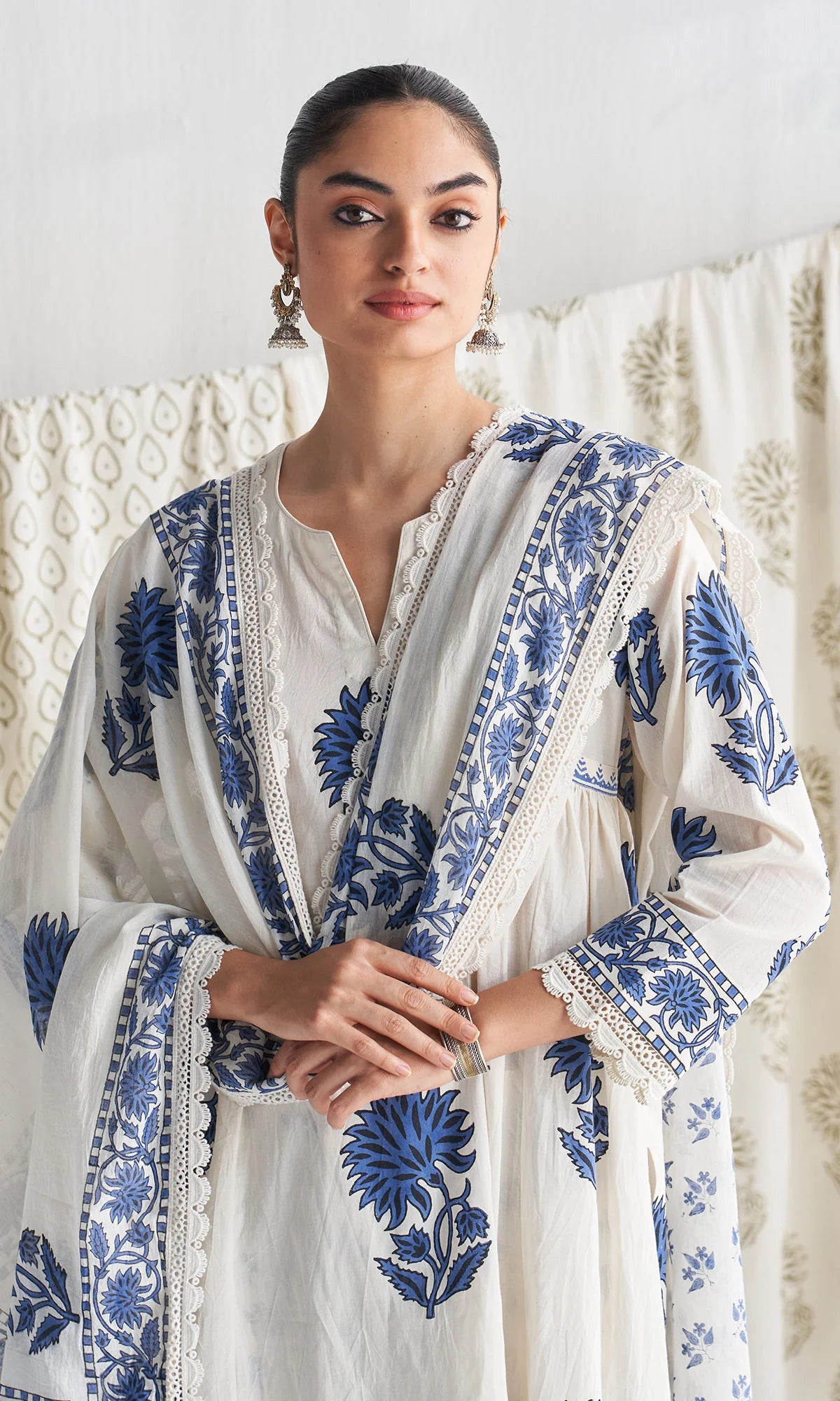 mughal blue block printed kurta with palazzo and printed dupatta ( set of 3 )