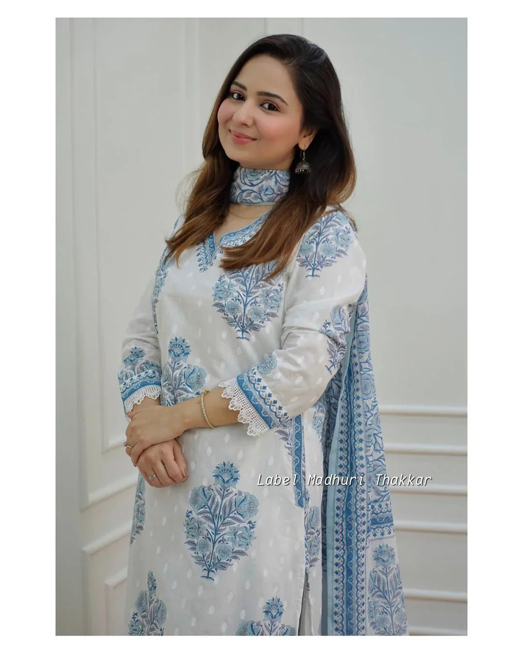 WHITE - GREY FLORAL AFGHANI SUIT SET