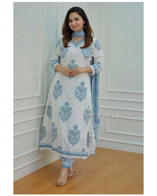 WHITE - GREY FLORAL AFGHANI SUIT SET