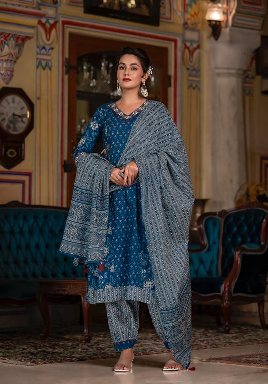 NAVYE BLUE FLORAL AFGHANI SUIT SET