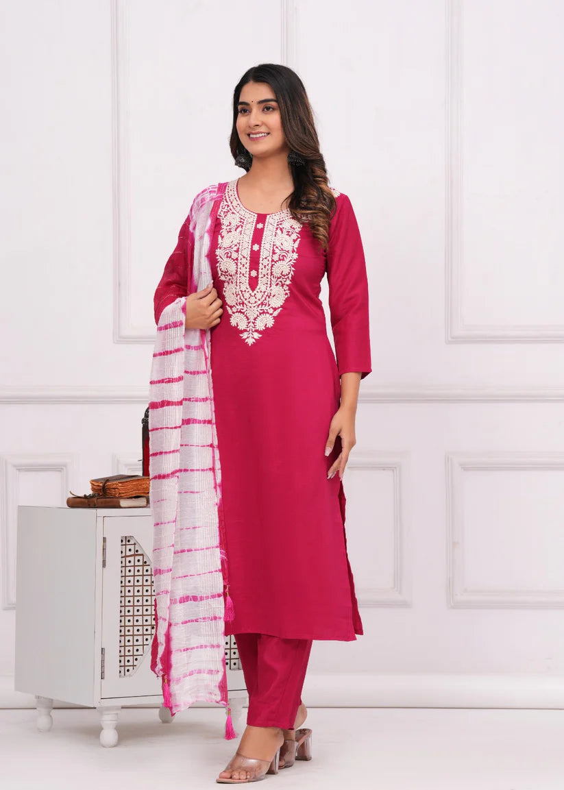 BEAUTIFUL CHINON SILK FABRIC KURTI PANT AND DUPATTA