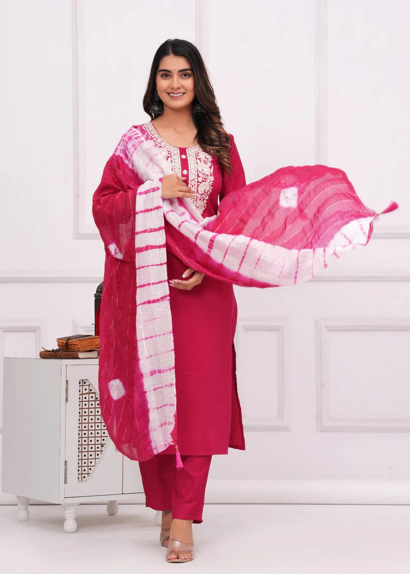 BEAUTIFUL CHINON SILK FABRIC KURTI PANT AND DUPATTA