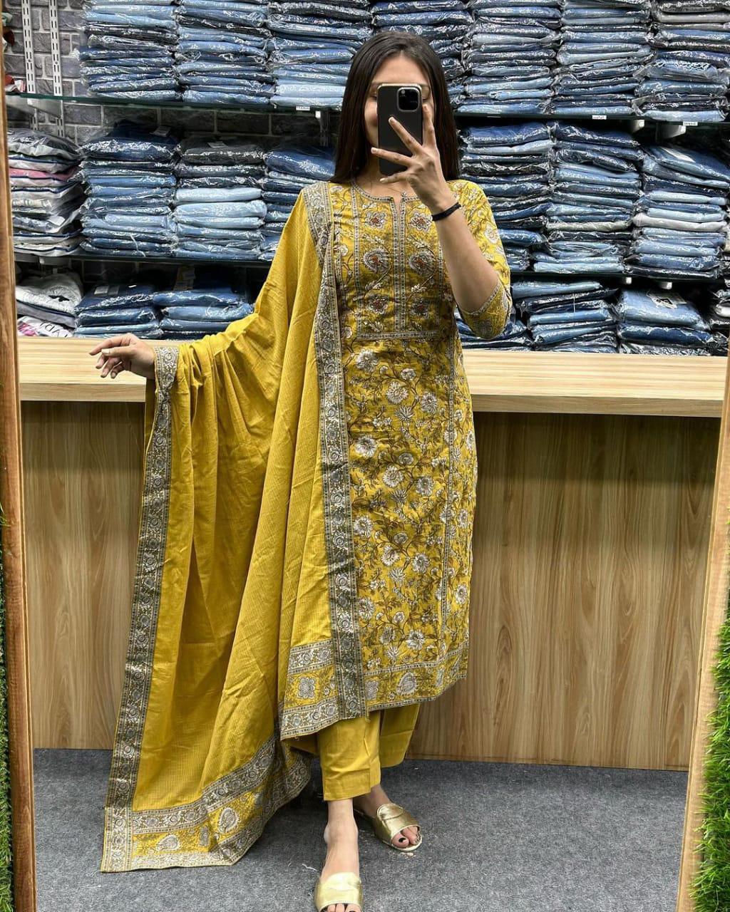 BEAUTIFUL EMBROYDERY & HAND WORK KOTTON KURTI 3PIC SET