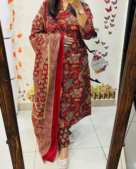 FLORAL PRINT COTTON RED ANGRAKHA KURTI 3PIC SET