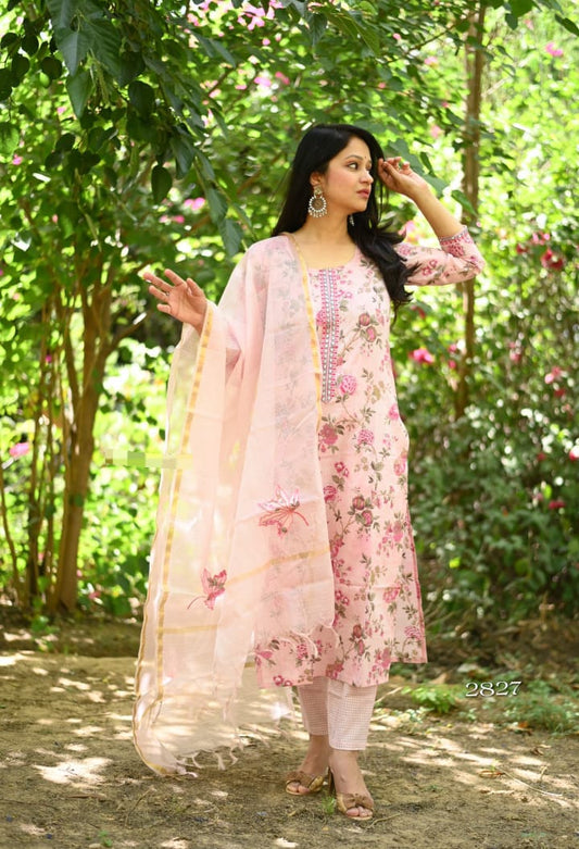 FLORAL PRINT COTTON KURTA PANT AND KOTA DORIA DUPATTA