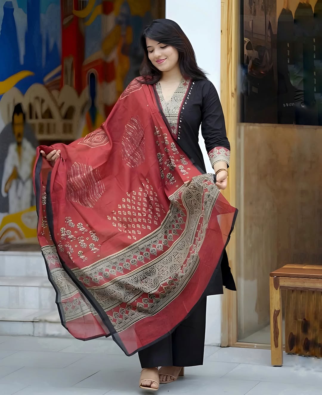 Beautiful A-Line Mirror Work Kurti Set