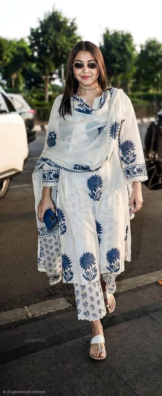 mughal blue block printed kurta with palazzo and printed dupatta ( set of 3 )