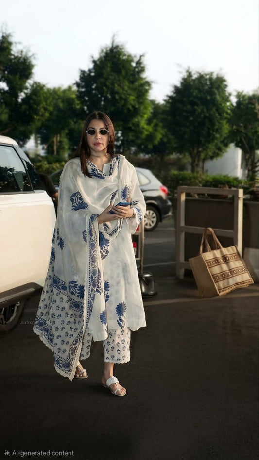 mughal blue block printed kurta with palazzo and printed dupatta ( set of 3 )