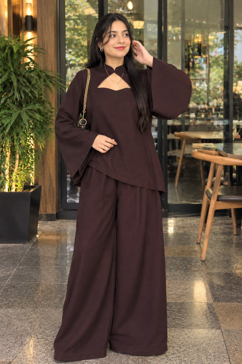 Brown Solid Co-Ord Set with Wide-Leg Trousers