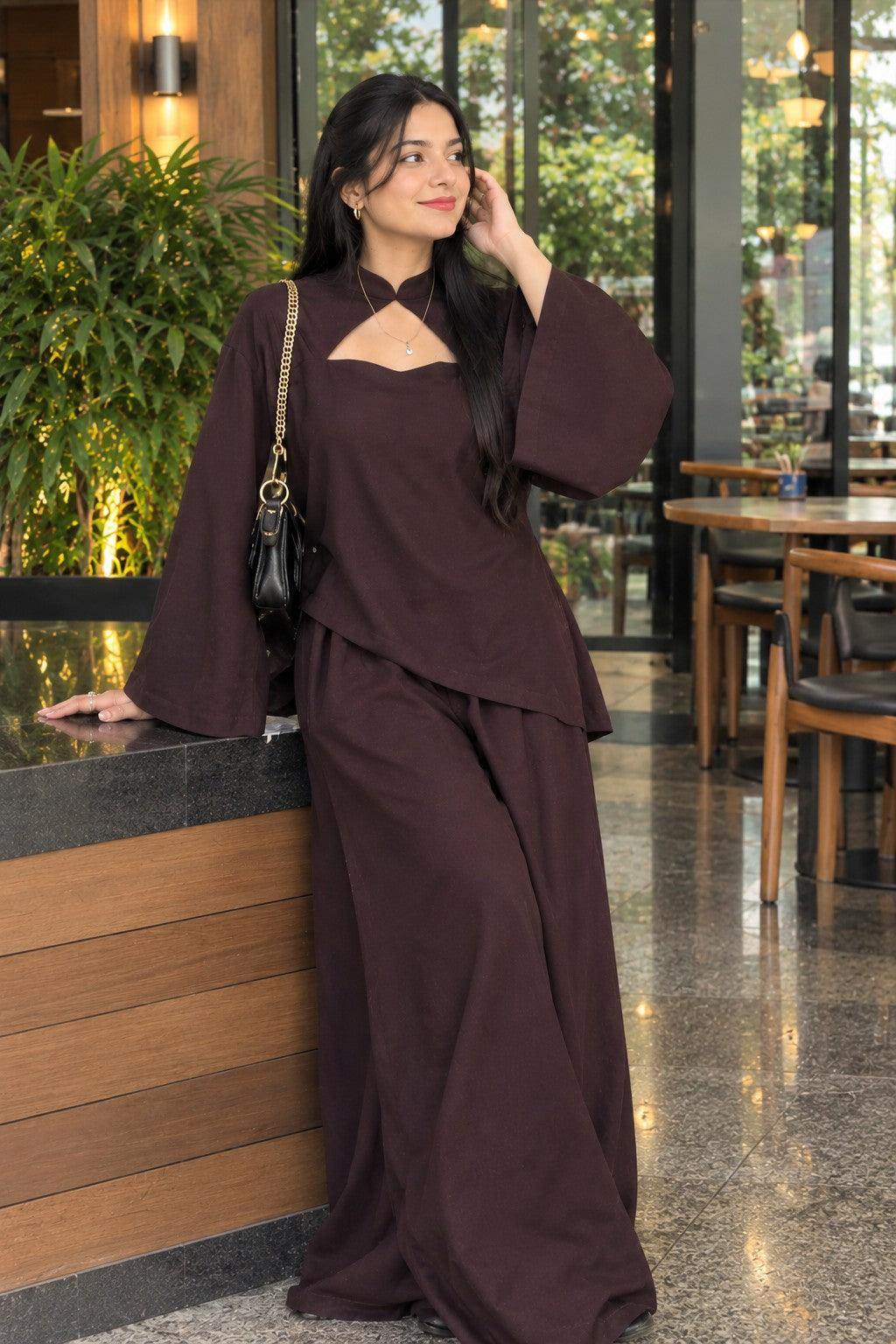 Brown Solid Co-Ord Set with Wide-Leg Trousers