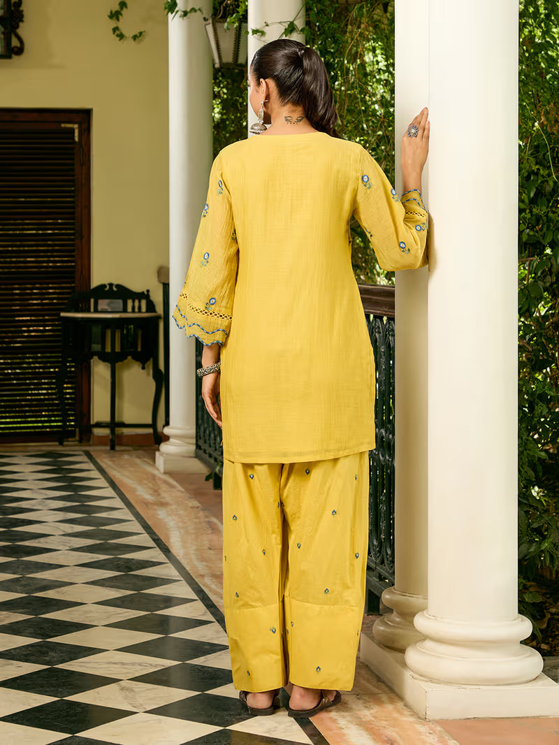 Yellow Embroidered cotton Kurta with Farshi Salwar And Dupatta- Set of 3