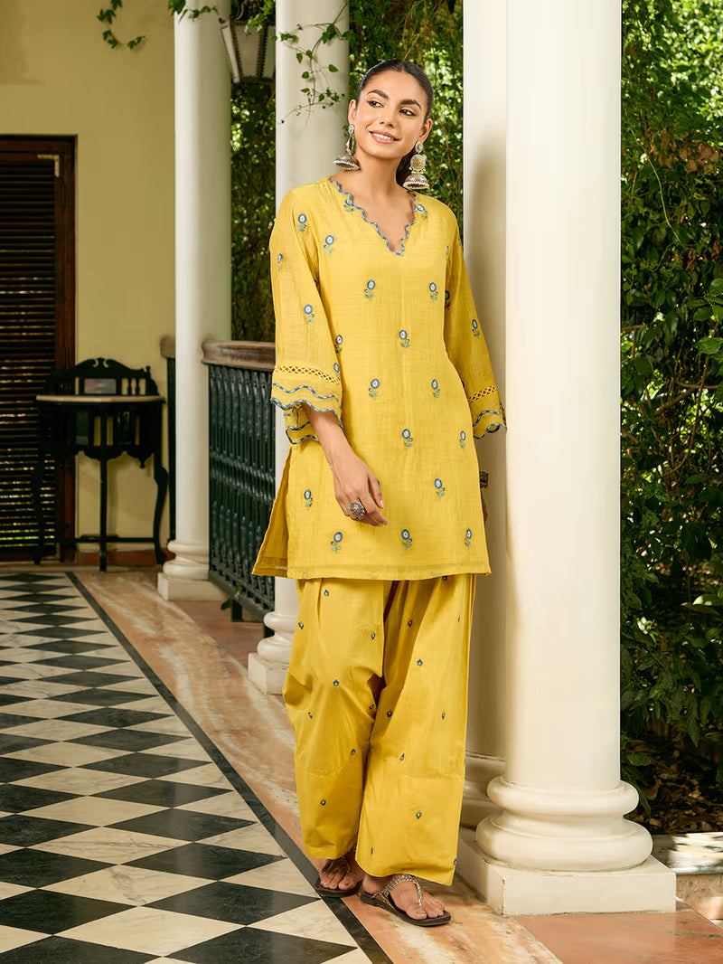 Yellow Embroidered cotton Kurta with Farshi Salwar And Dupatta- Set of 3