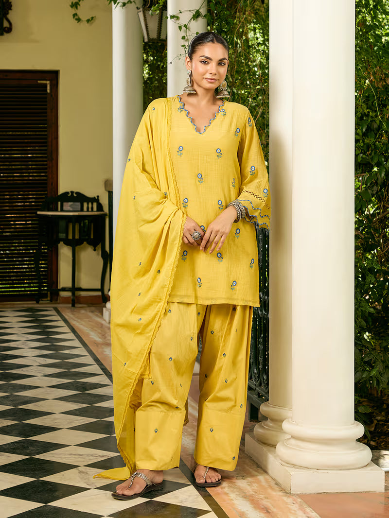 Yellow Embroidered cotton Kurta with Farshi Salwar And Dupatta- Set of 3