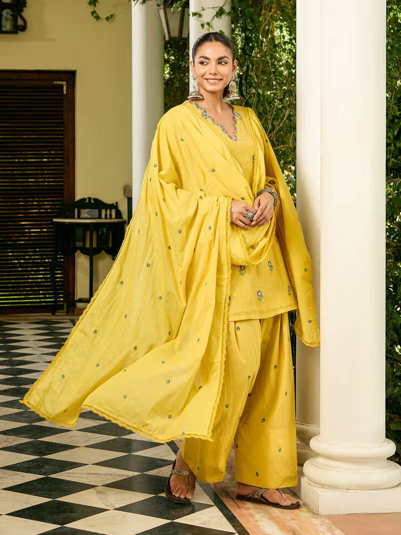 Yellow Embroidered cotton Kurta with Farshi Salwar And Dupatta- Set of 3