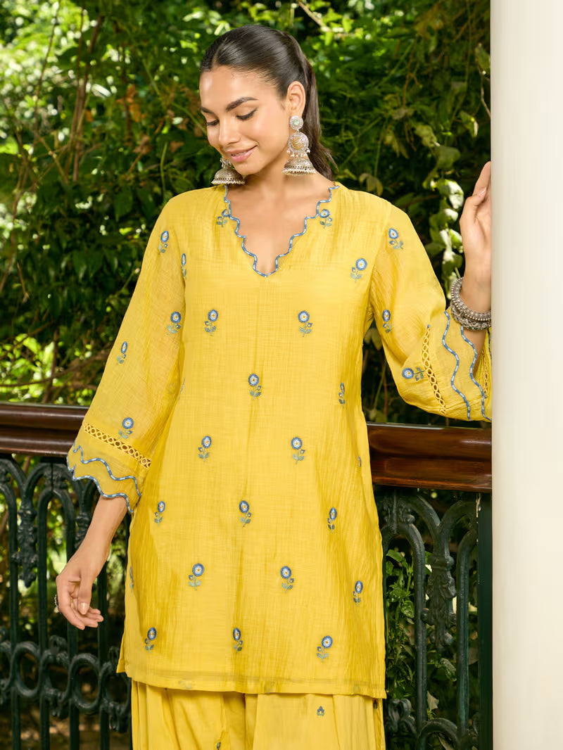 Yellow Embroidered cotton Kurta with Farshi Salwar And Dupatta- Set of 3